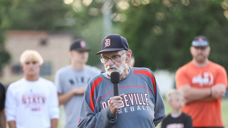 Dodgeville head coach Pat Reilly speaks at a pep rally.