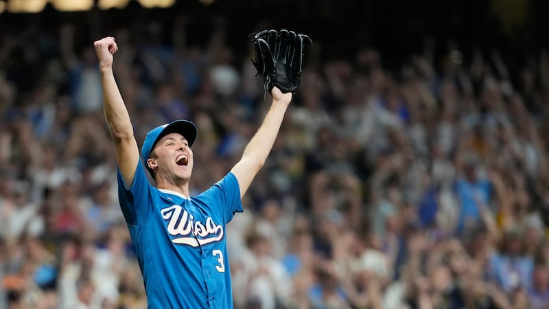Milwaukee Brewers' Jacob Misiorowski reacts after recording the final out during the ninth...