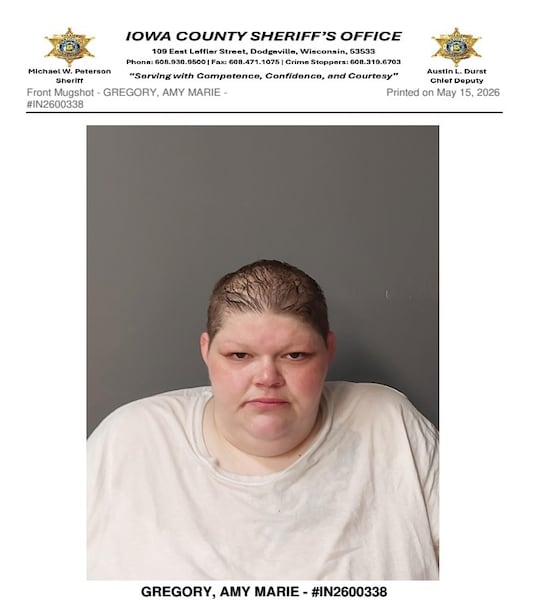 Amy Gregory was arrested by the Iowa County Sheriff's Office on Thursday.