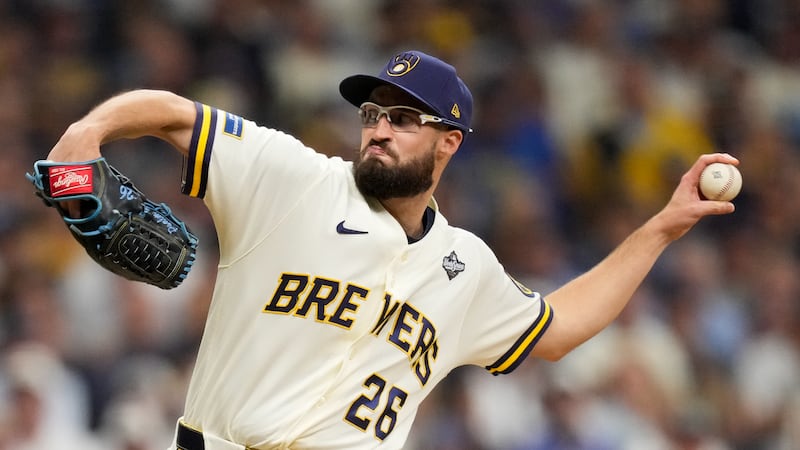Milwaukee Brewers pitcher Aaron Ashby throws during the eighth inning of Game 2 of baseball's...
