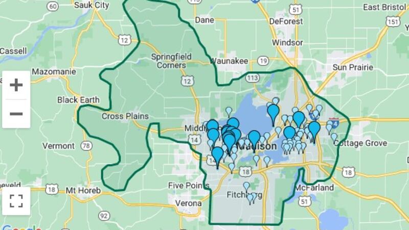 MG&E outage map at 9 a.m. on June 16, 2022.