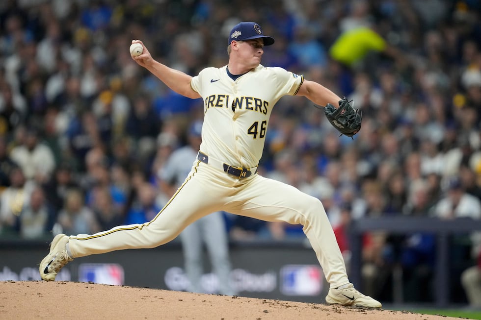 FILE - Milwaukee Brewers pitcher Quinn Priester throws against the Los Angeles Dodgers during...